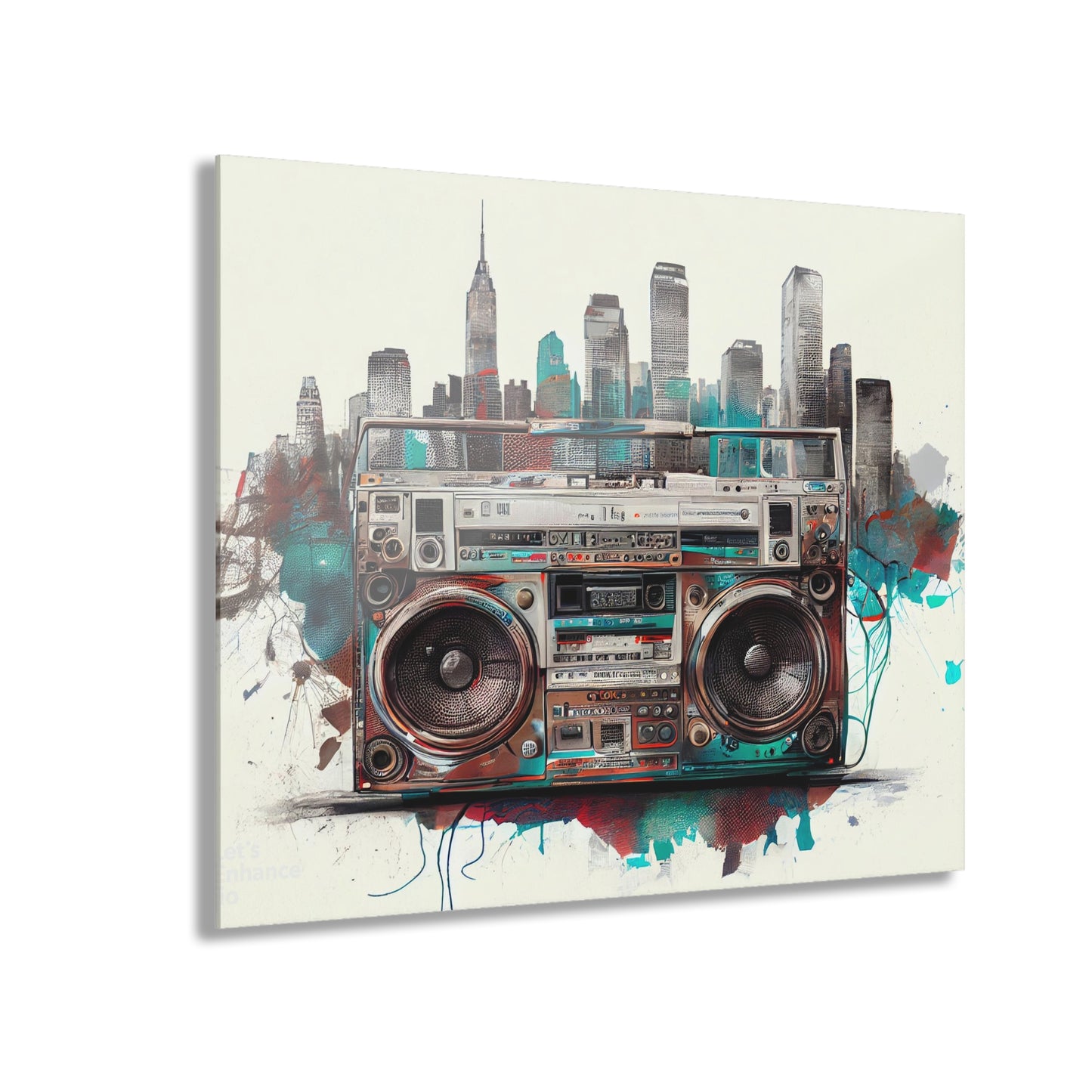 Artistic paint style Acrylic Print of a Retro Boombox + New York Skyline -  Acrylic Prints (French Cleat Hanging)