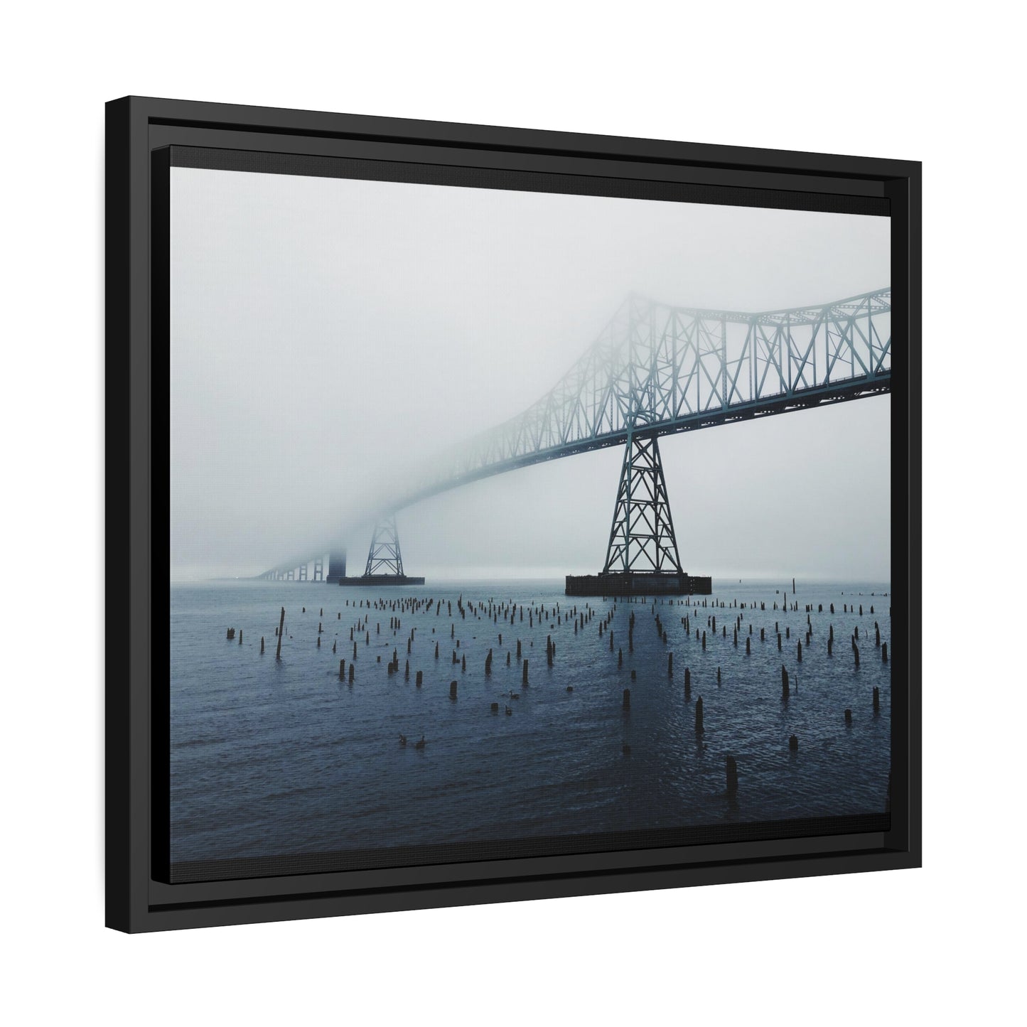 Foggy Morning Bridge in Astoria Oregon - Matte Canvas with a Black Frame