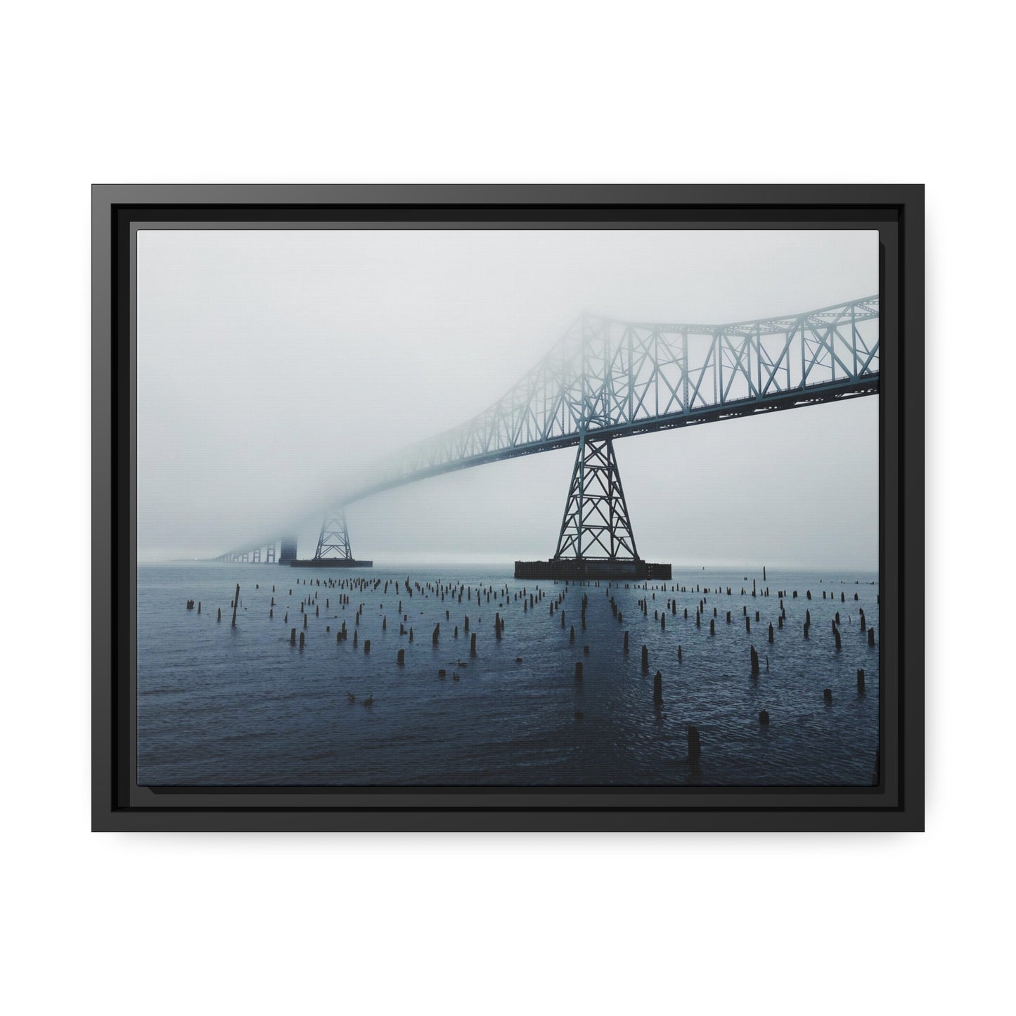 Foggy Morning Bridge in Astoria Oregon - Matte Canvas with a Black Frame