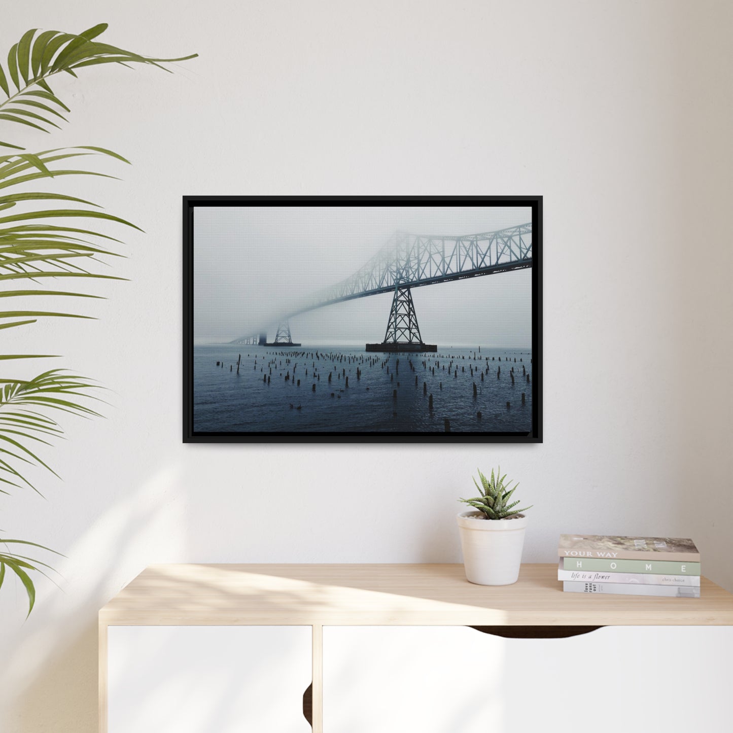 Foggy Morning Bridge in Astoria Oregon - Matte Canvas with a Black Frame