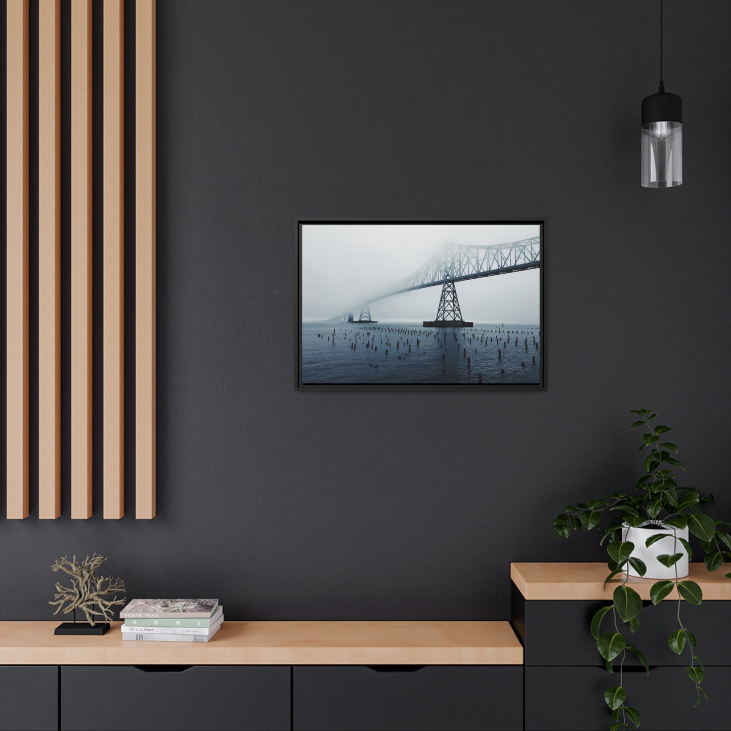 Foggy Morning Bridge in Astoria Oregon - Matte Canvas with a Black Frame