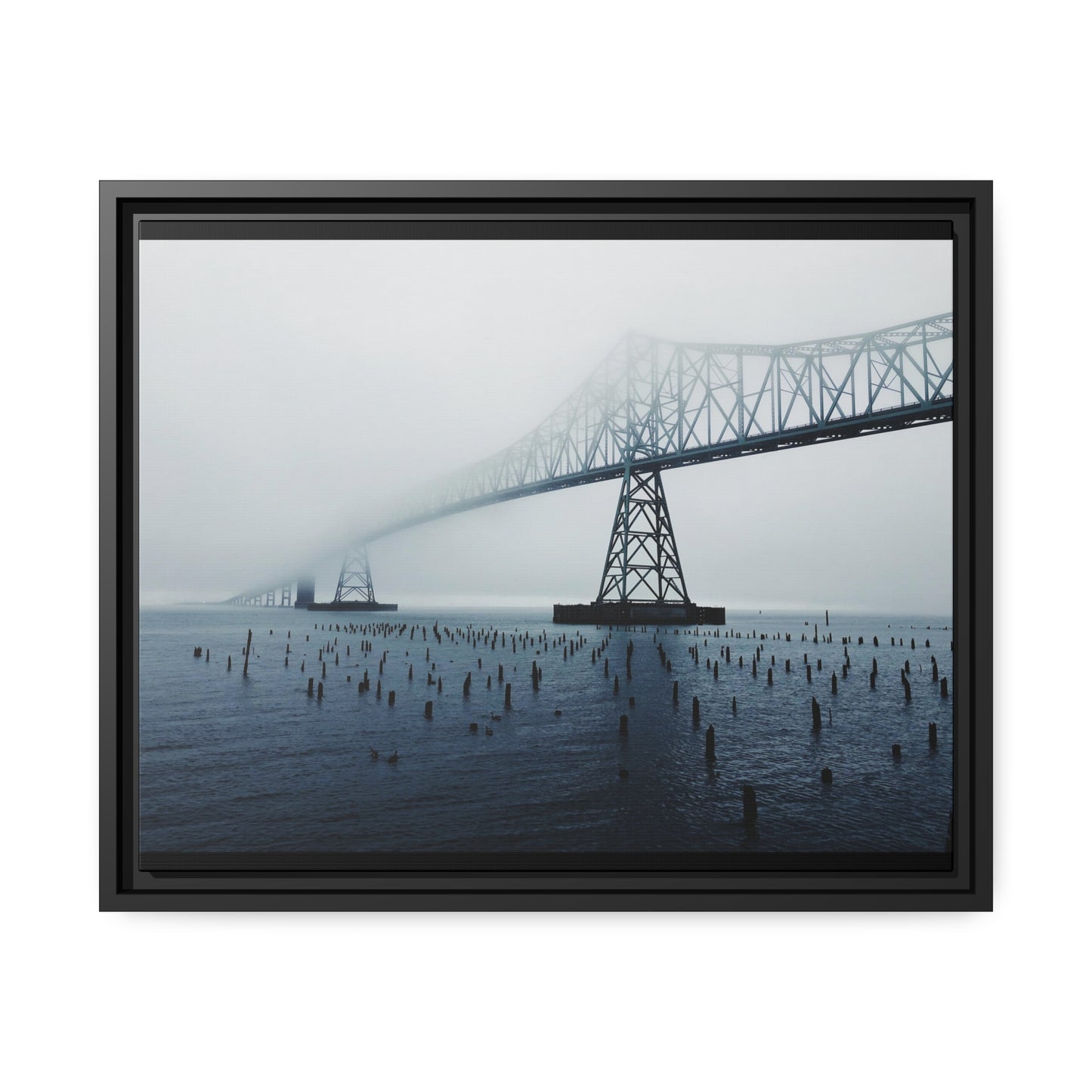 Foggy Morning Bridge in Astoria Oregon - Matte Canvas with a Black Frame