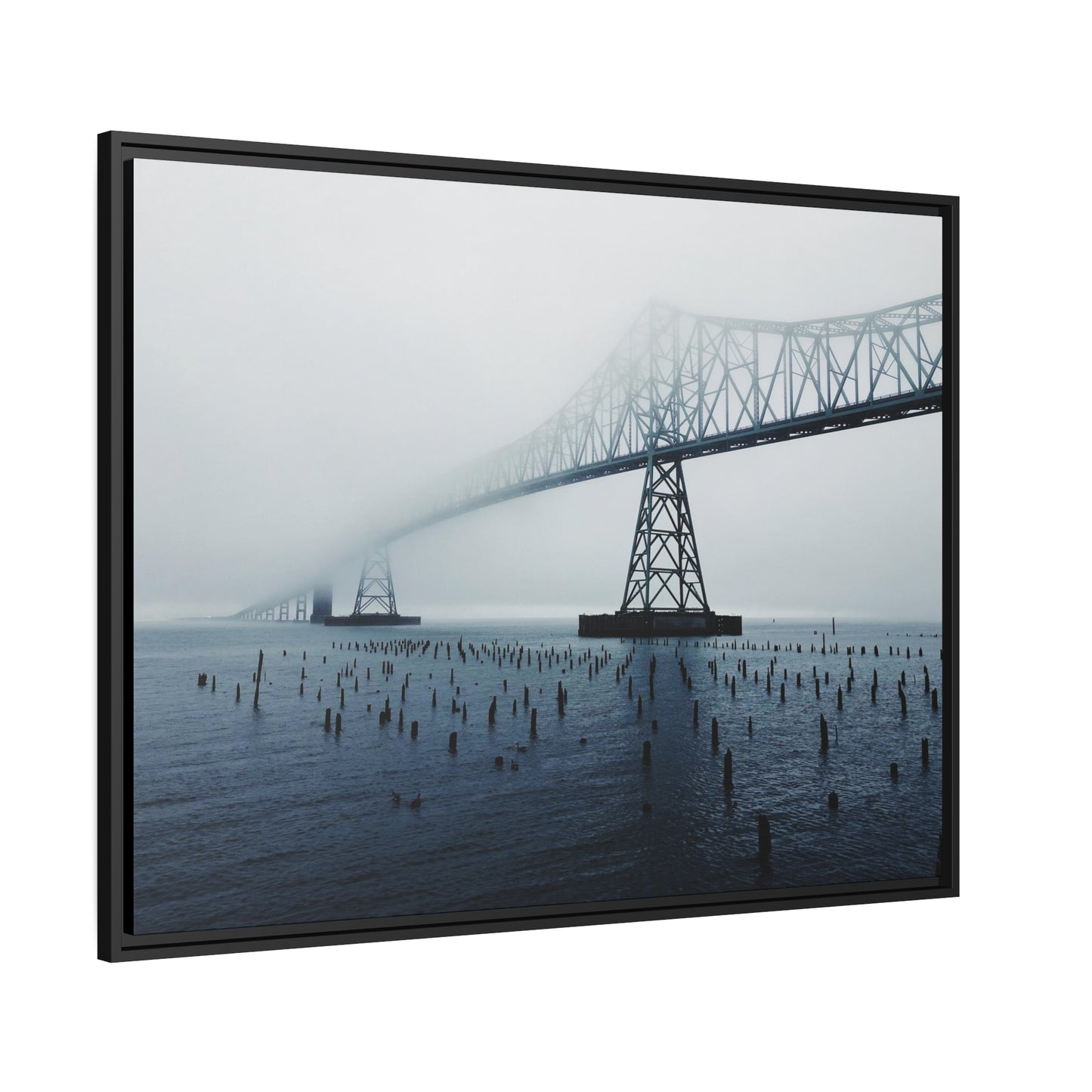 Foggy Morning Bridge in Astoria Oregon - Matte Canvas with a Black Frame