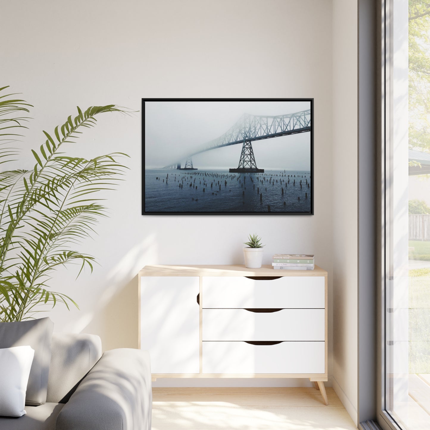 Foggy Morning Bridge in Astoria Oregon - Matte Canvas with a Black Frame