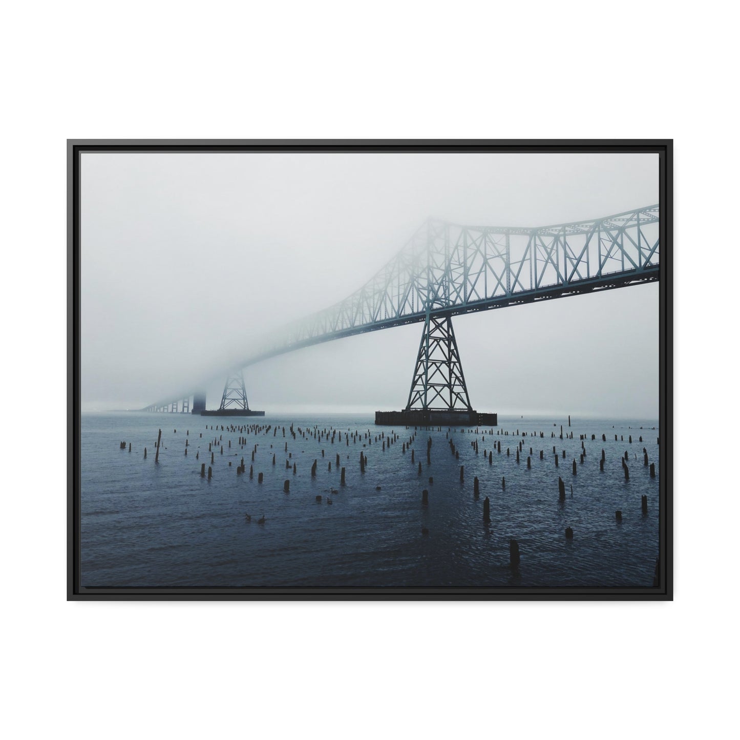 Foggy Morning Bridge in Astoria Oregon - Matte Canvas with a Black Frame