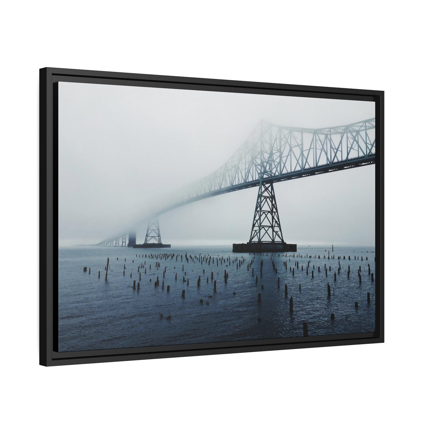 Foggy Morning Bridge in Astoria Oregon - Matte Canvas with a Black Frame
