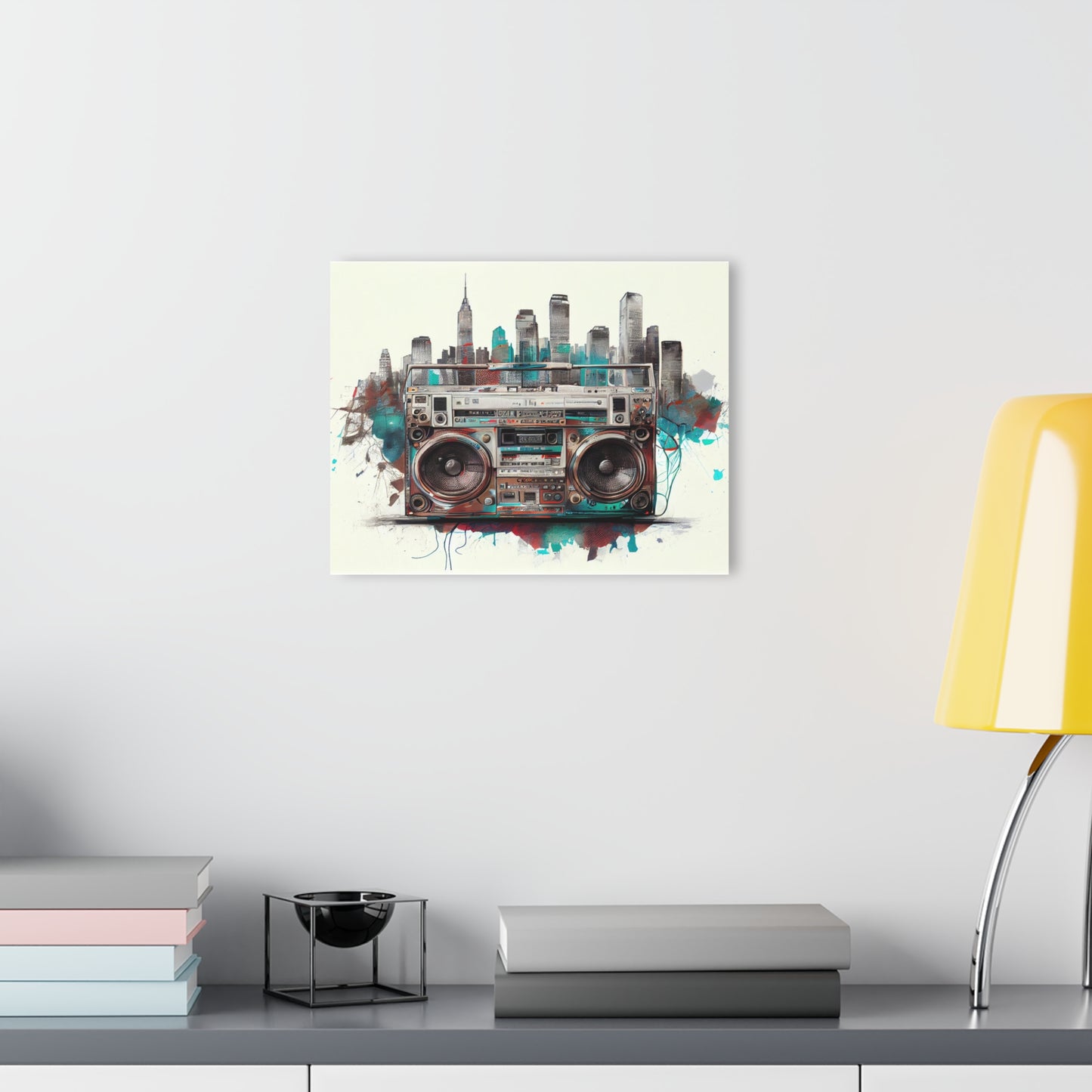 Artistic paint style Acrylic Print of a Retro Boombox + New York Skyline -  Acrylic Prints (French Cleat Hanging)