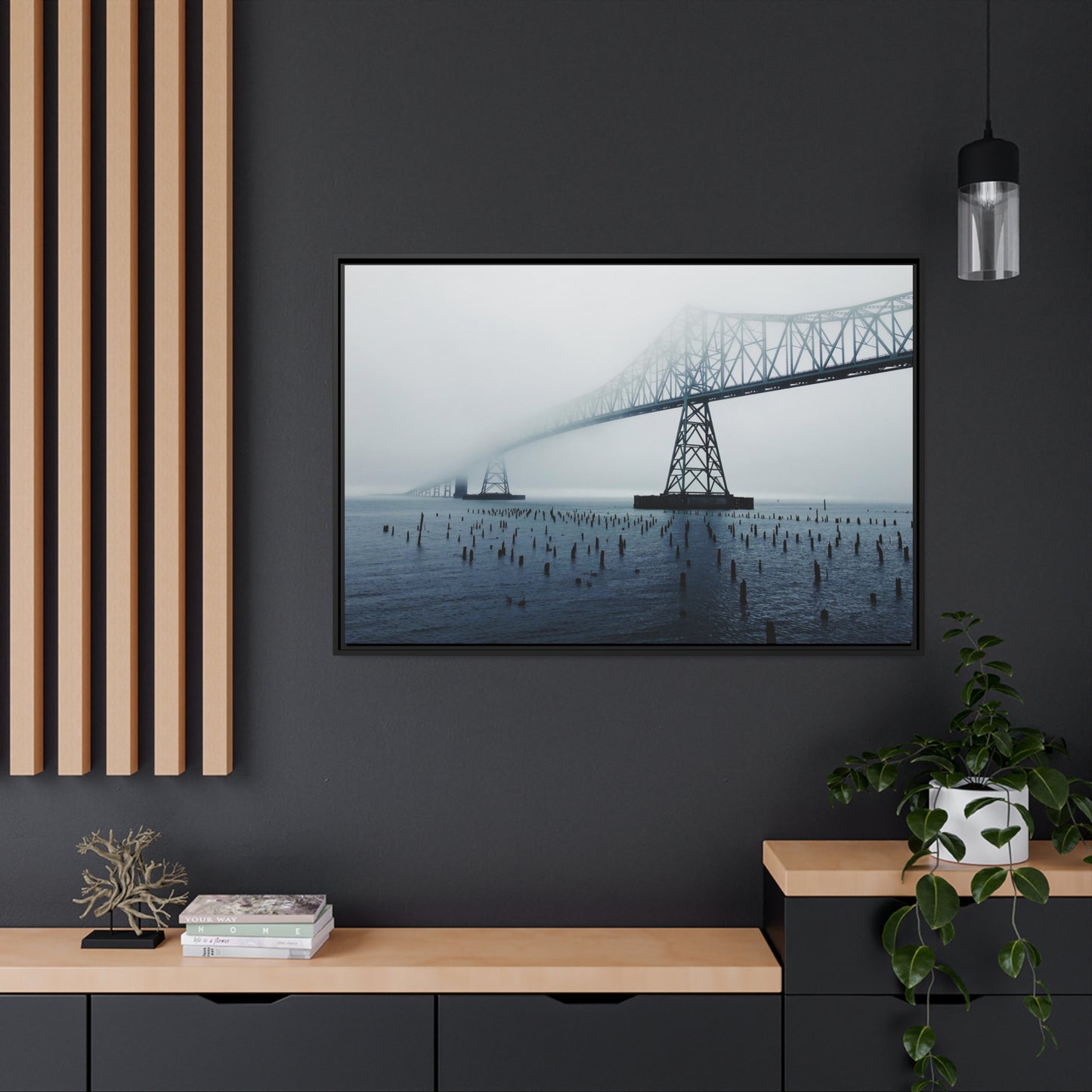 Foggy Morning Bridge in Astoria Oregon - Matte Canvas with a Black Frame