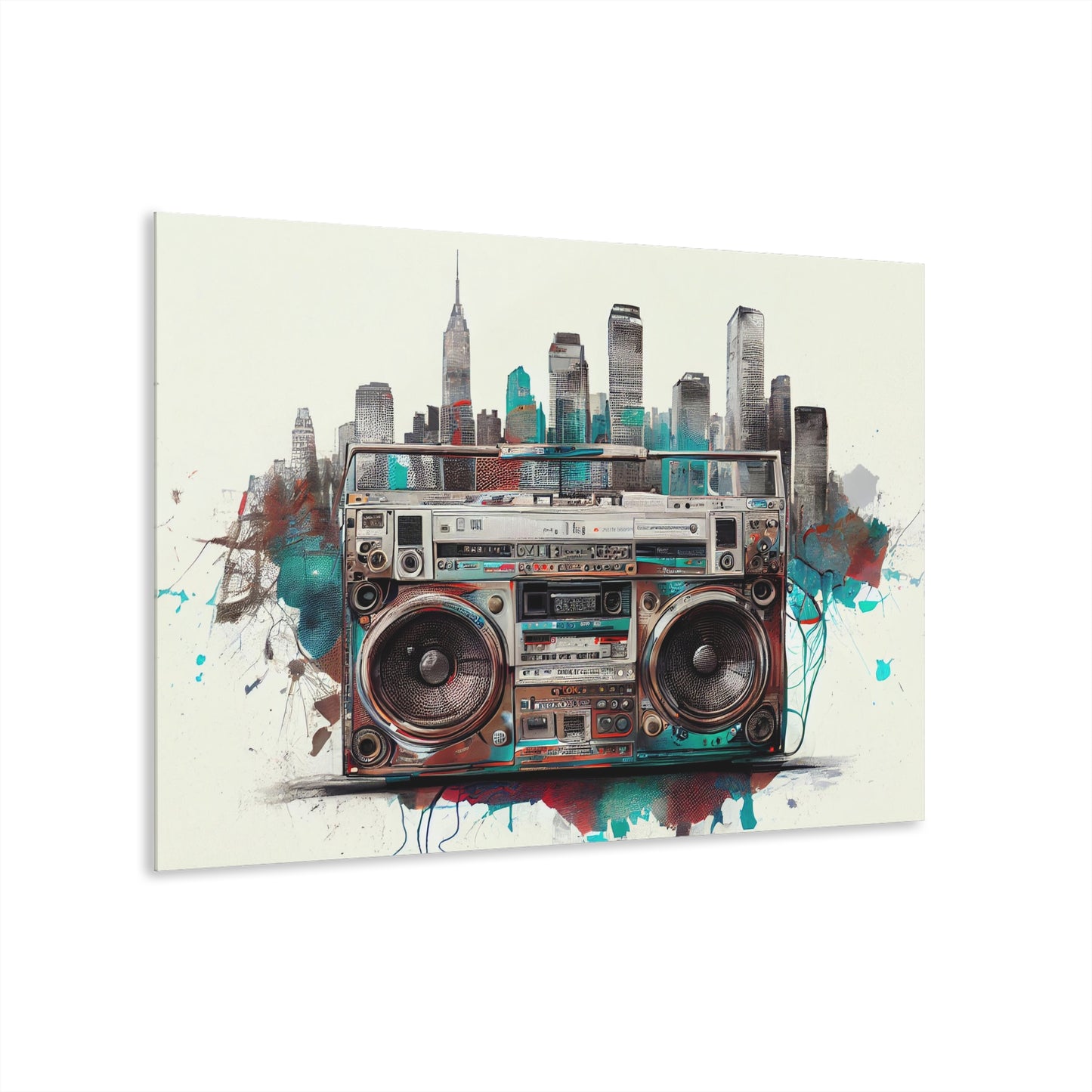 Artistic paint style Acrylic Print of a Retro Boombox + New York Skyline -  Acrylic Prints (French Cleat Hanging)