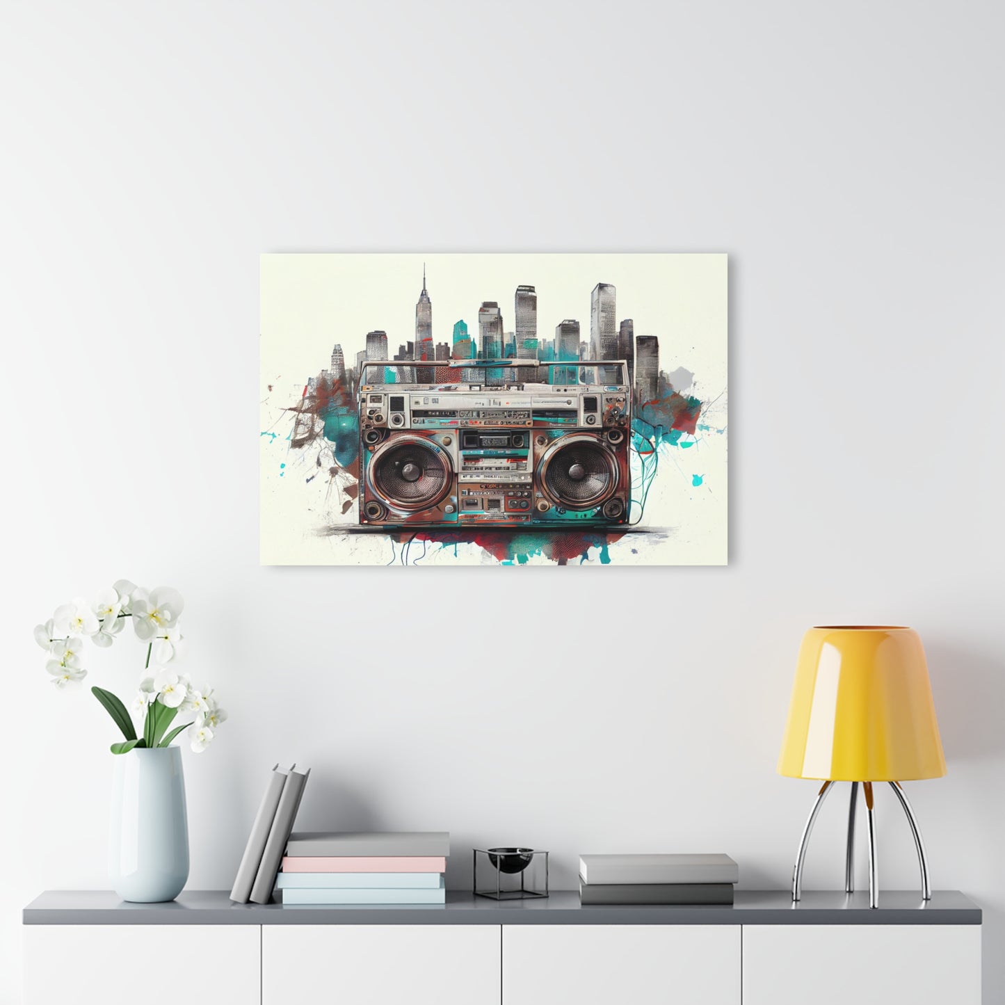 Artistic paint style Acrylic Print of a Retro Boombox + New York Skyline -  Acrylic Prints (French Cleat Hanging)