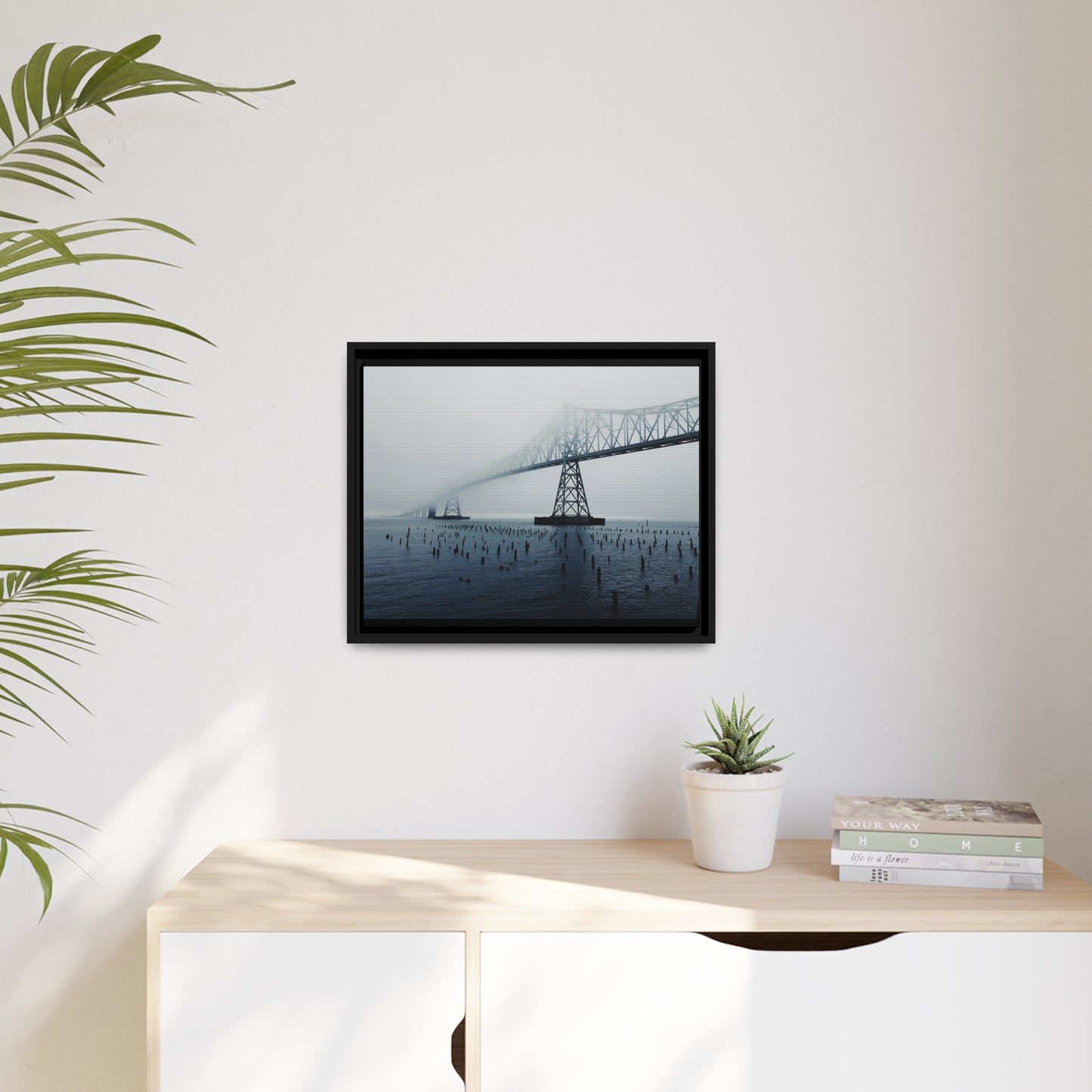 Foggy Morning Bridge in Astoria Oregon - Matte Canvas with a Black Frame