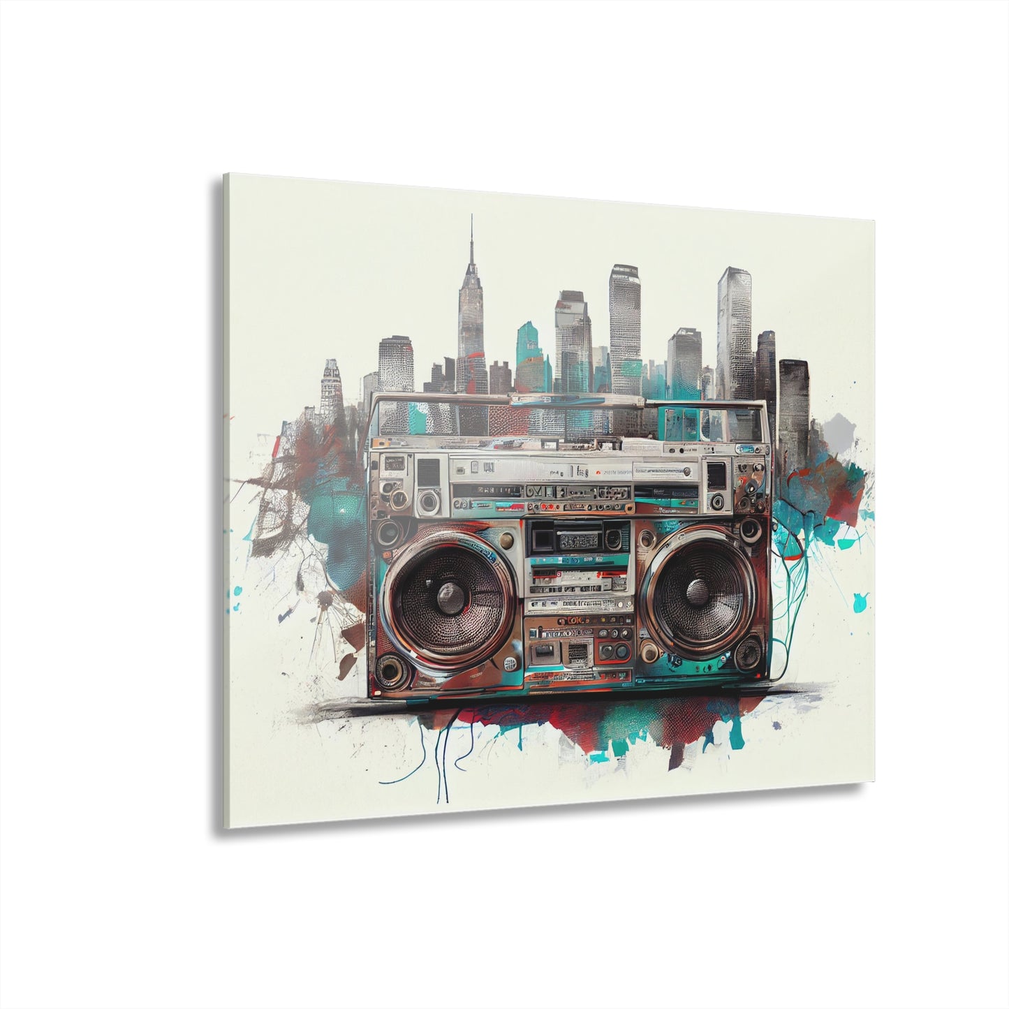 Artistic paint style Acrylic Print of a Retro Boombox + New York Skyline -  Acrylic Prints (French Cleat Hanging)