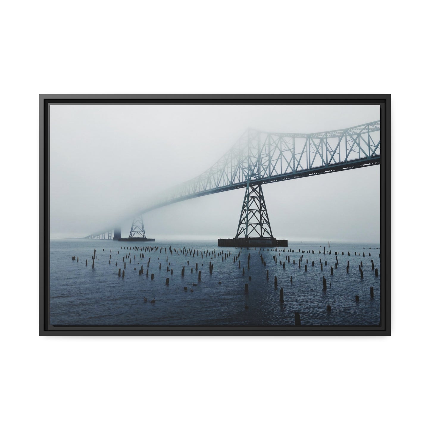 Foggy Morning Bridge in Astoria Oregon - Matte Canvas with a Black Frame