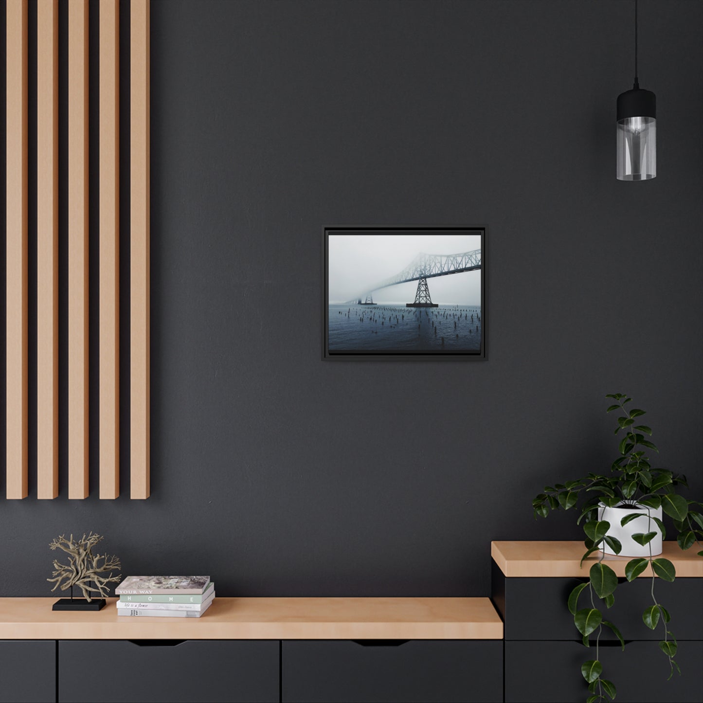 Foggy Morning Bridge in Astoria Oregon - Matte Canvas with a Black Frame