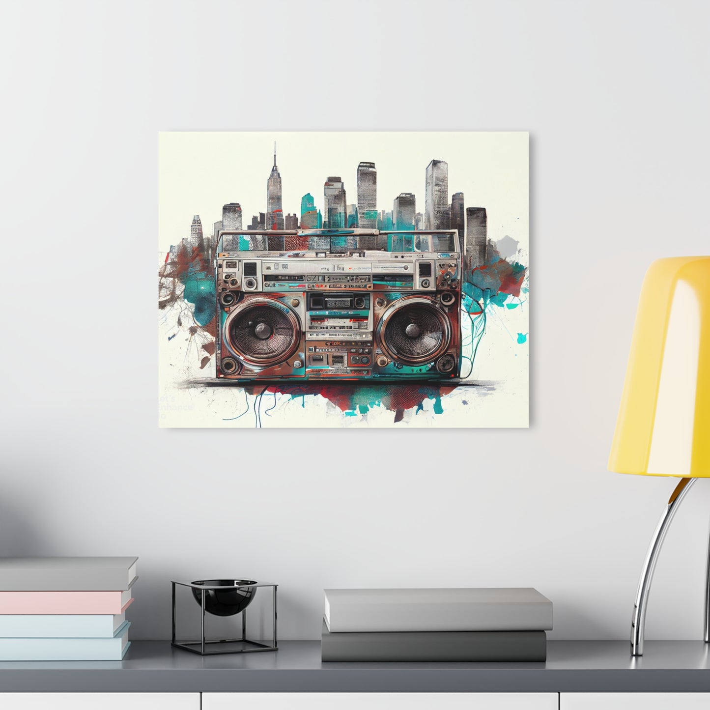 Artistic paint style Acrylic Print of a Retro Boombox + New York Skyline -  Acrylic Prints (French Cleat Hanging)