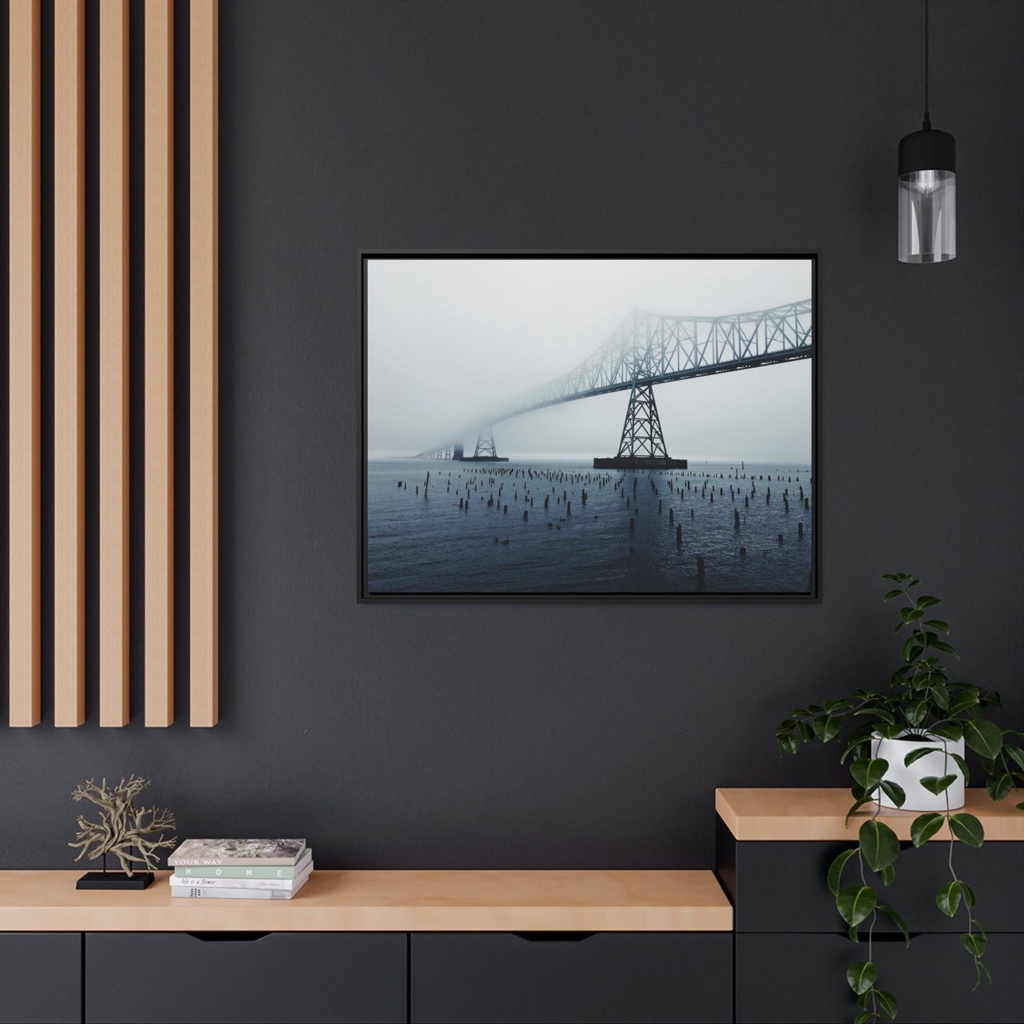 Foggy Morning Bridge in Astoria Oregon - Matte Canvas with a Black Frame