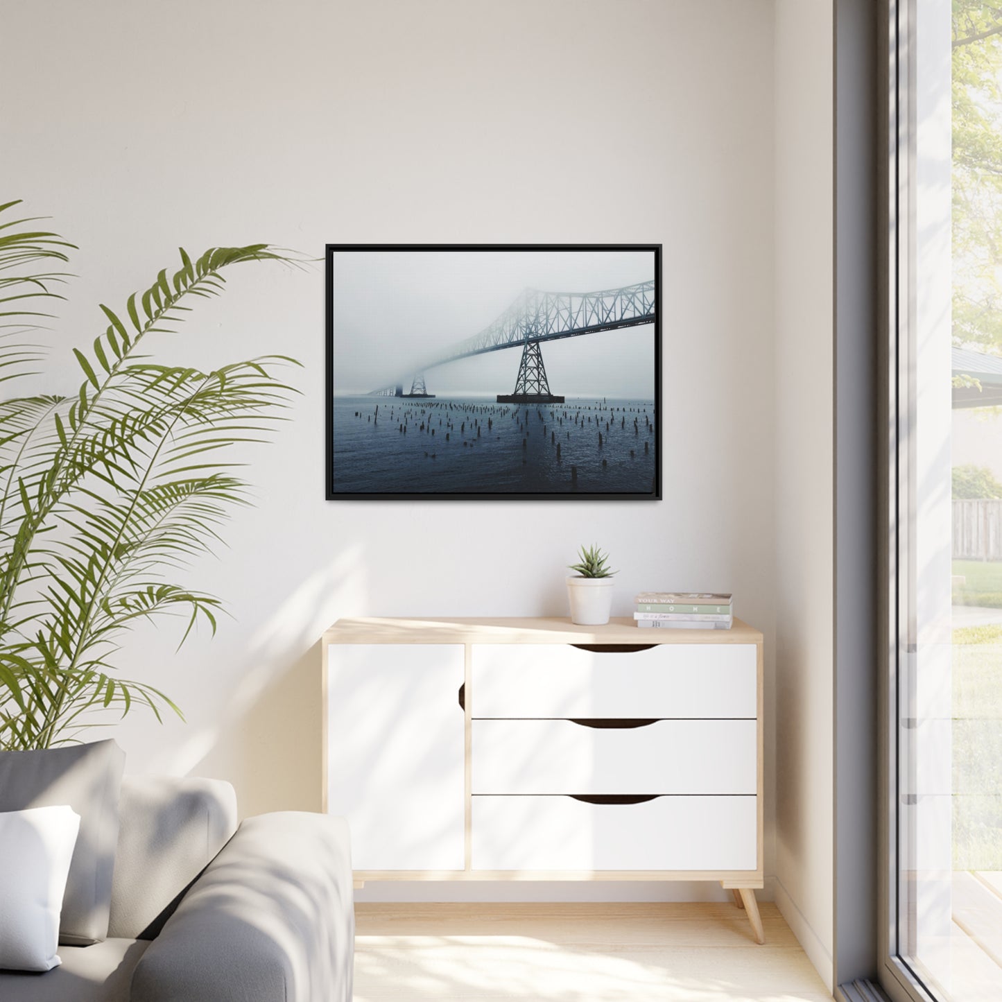 Foggy Morning Bridge in Astoria Oregon - Matte Canvas with a Black Frame
