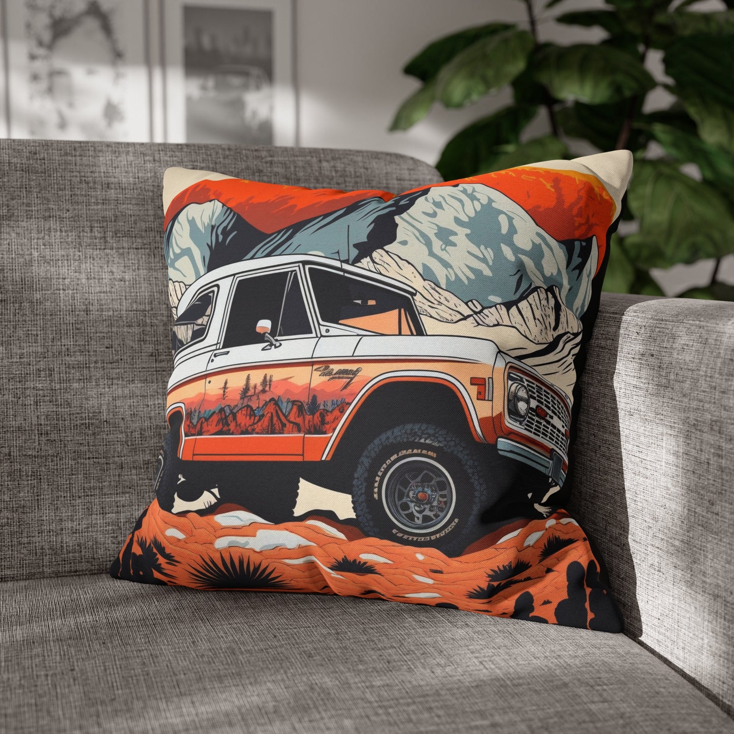 Vintage Ford Bronco in the Mountains - Spun Polyester Square Pillow Case