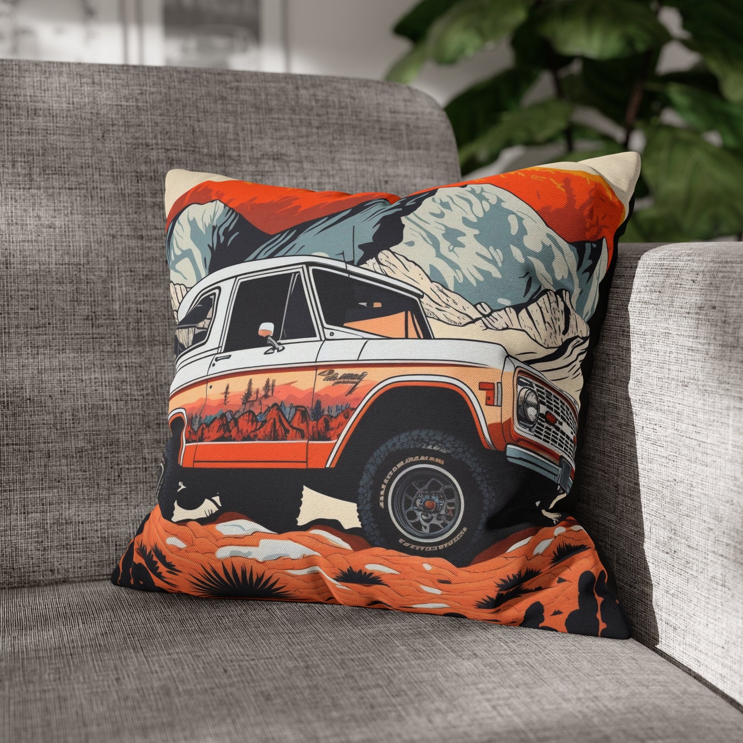 Vintage Ford Bronco in the Mountains - Spun Polyester Square Pillow Case