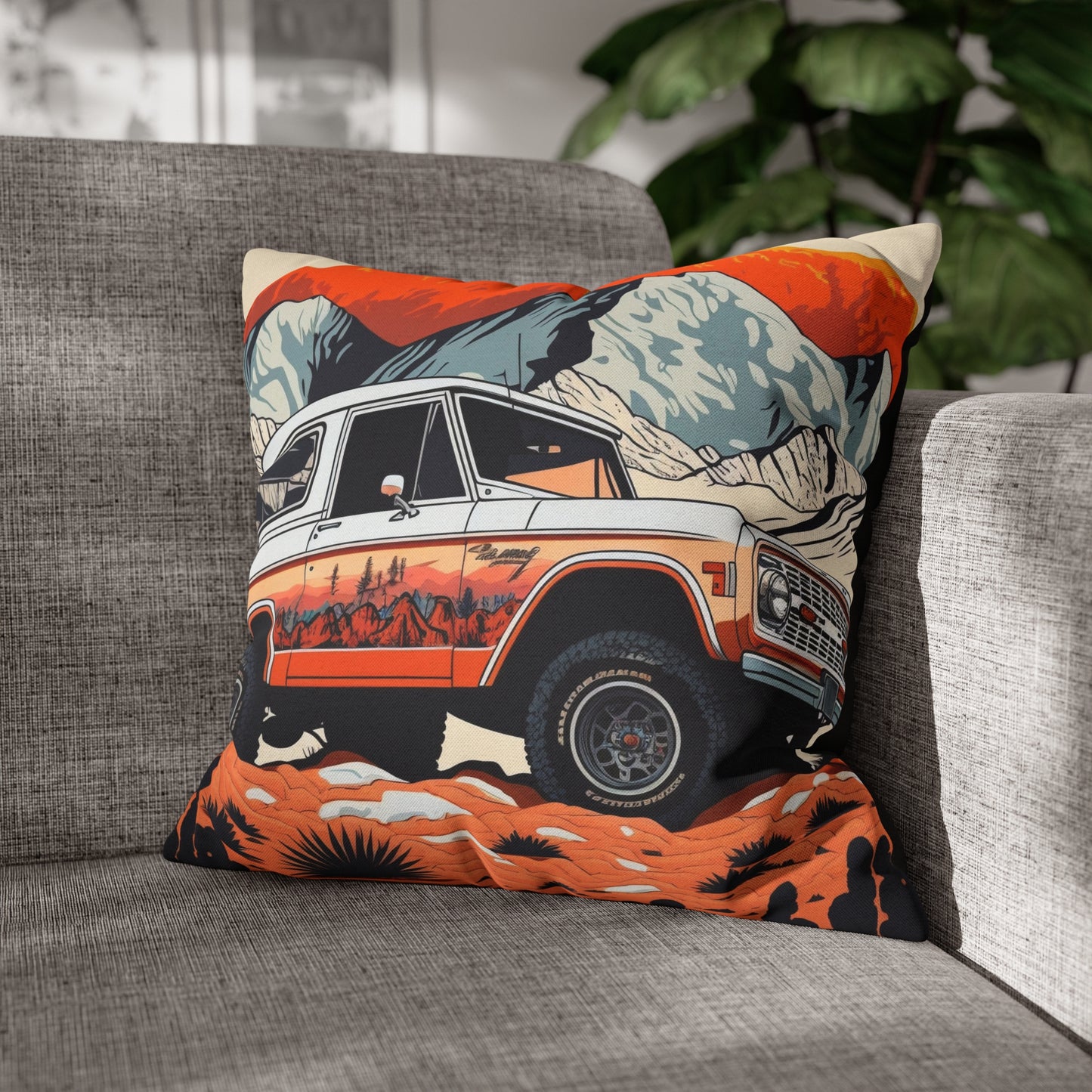 Vintage Ford Bronco in the Mountains - Spun Polyester Square Pillow Case