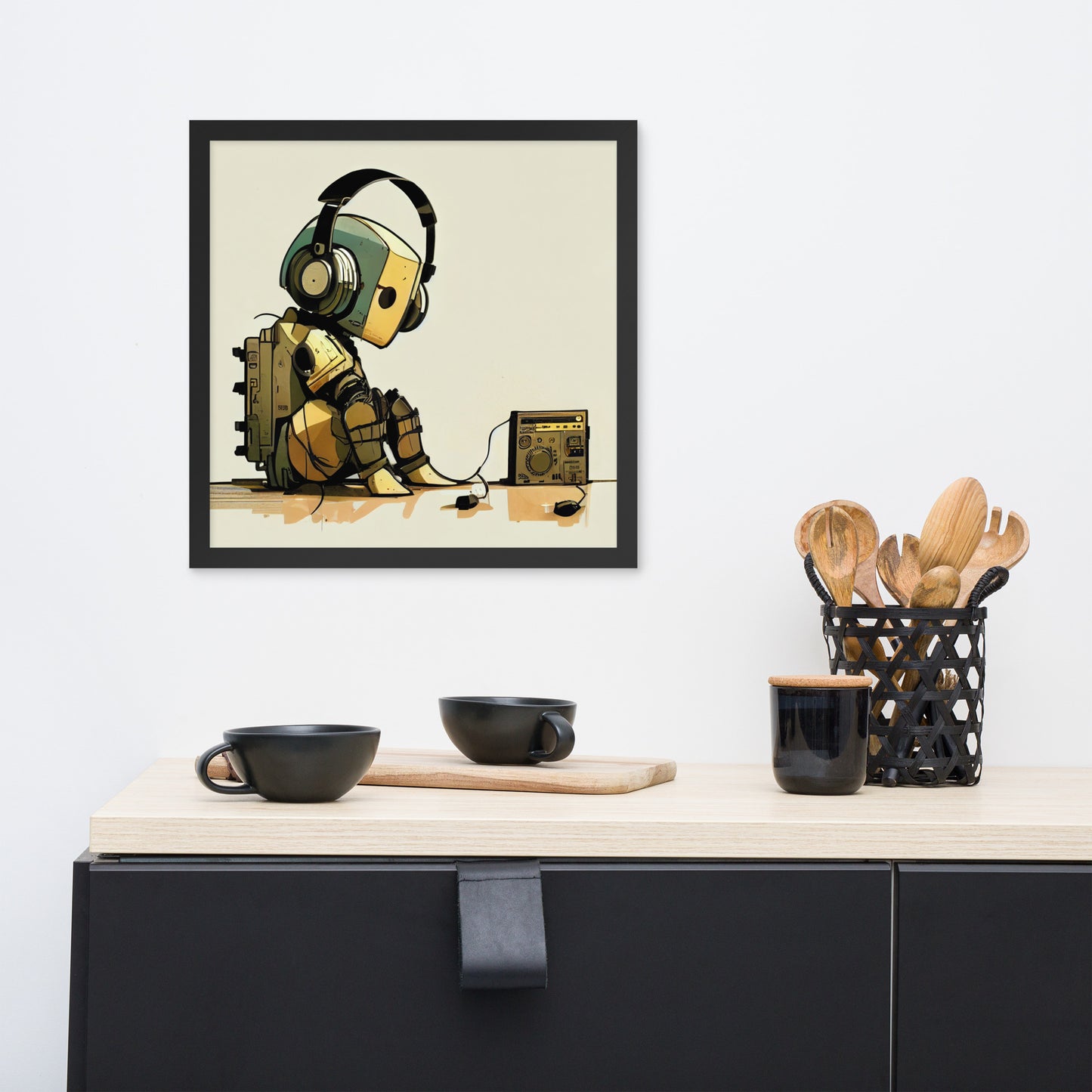 Lonely Robot w/Headphones + Stereo - Framed print