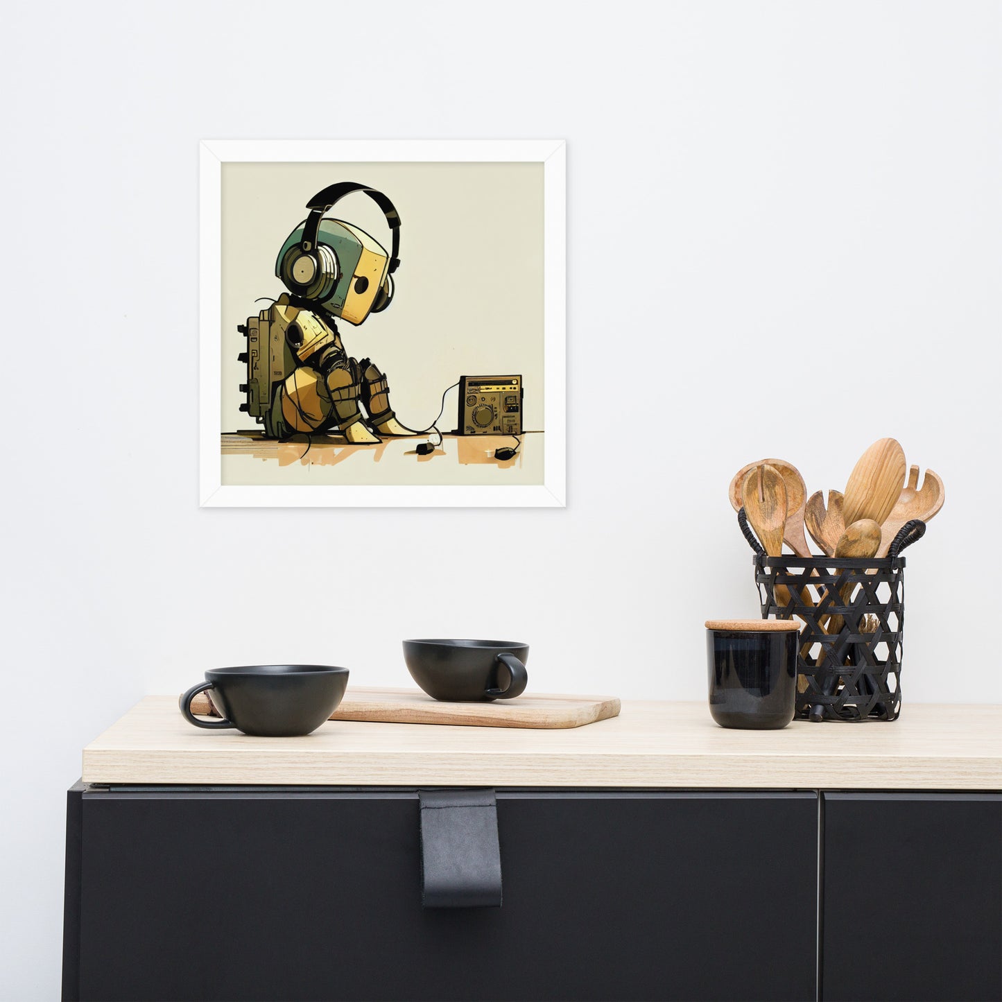 Lonely Robot w/Headphones + Stereo - Framed print