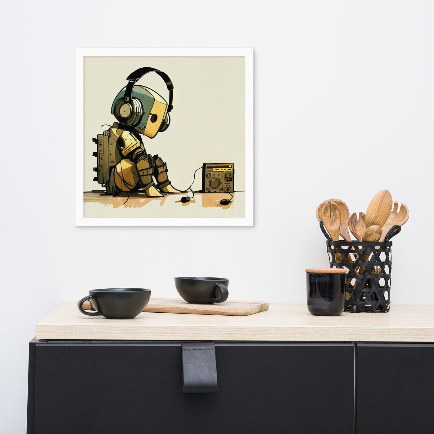 Lonely Robot w/Headphones + Stereo - Framed print