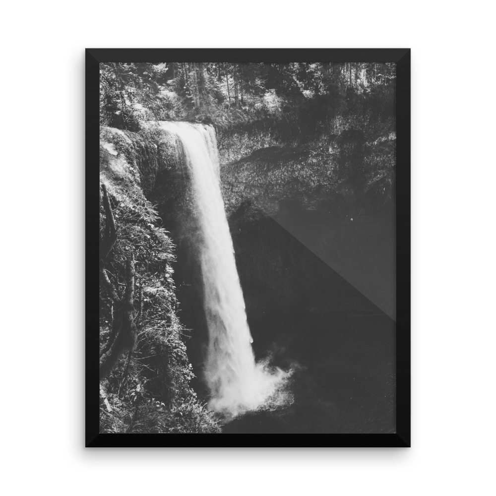 Framed B+W photo print of an Oregon waterfall