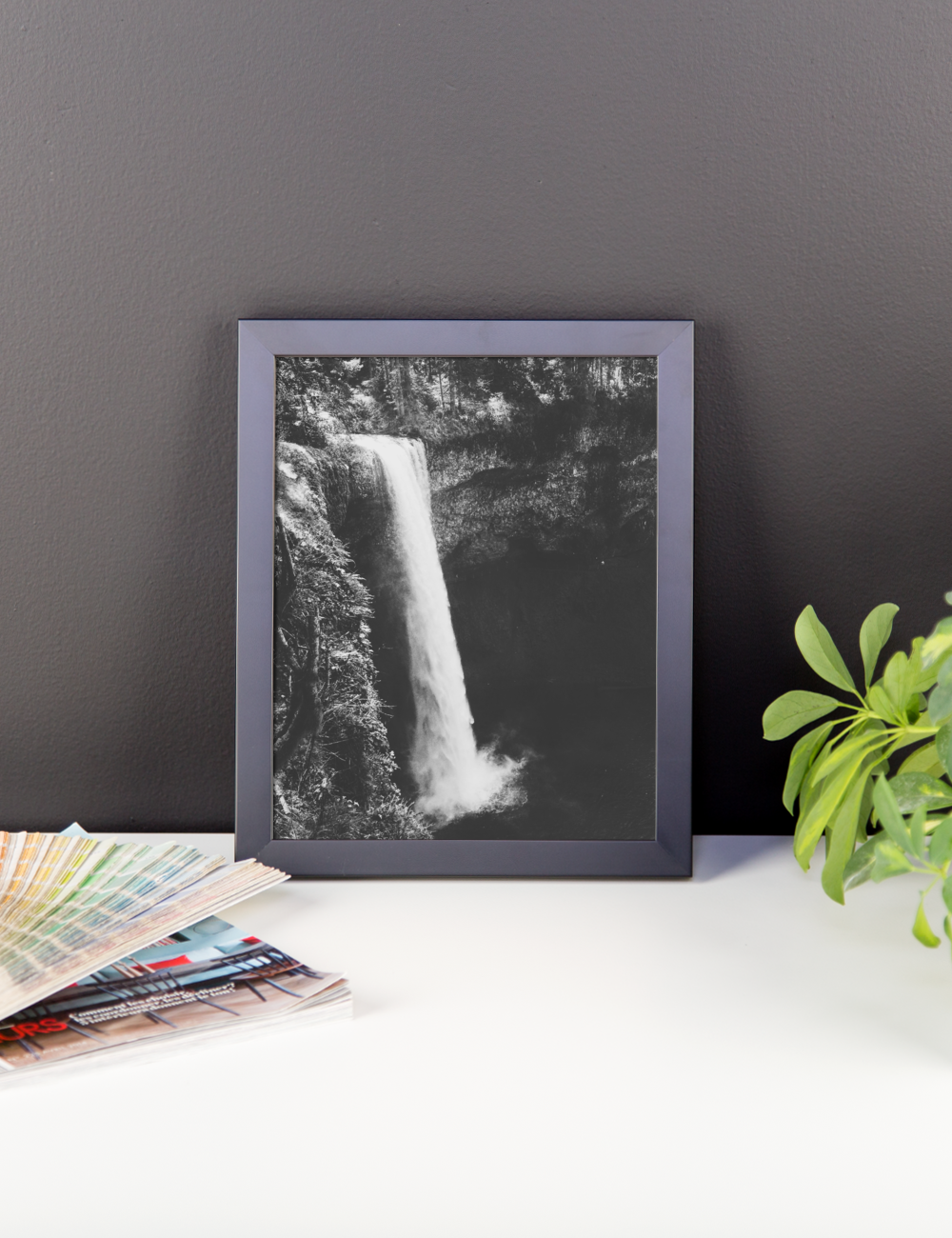 Framed B+W photo print of an Oregon waterfall