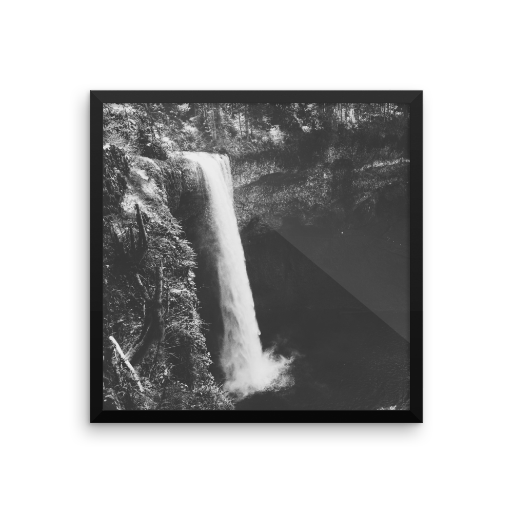 Framed B+W photo print of an Oregon waterfall