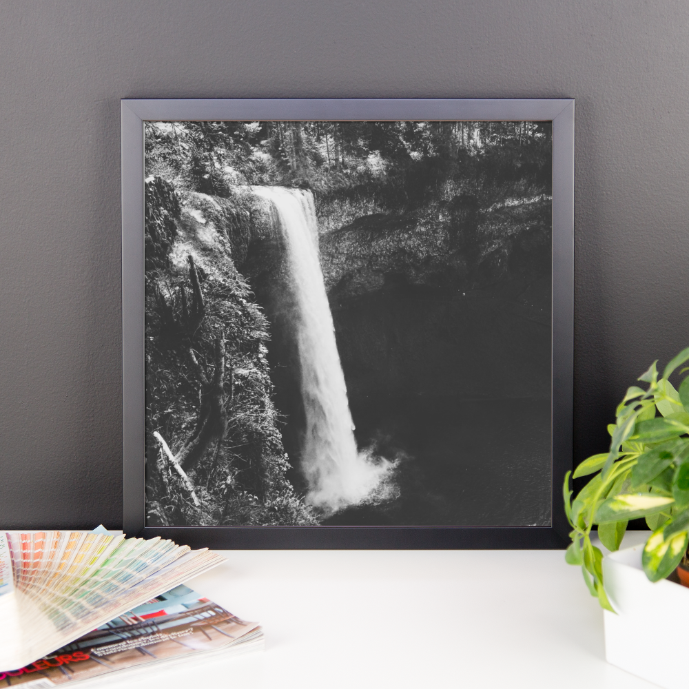 Framed B+W photo print of an Oregon waterfall