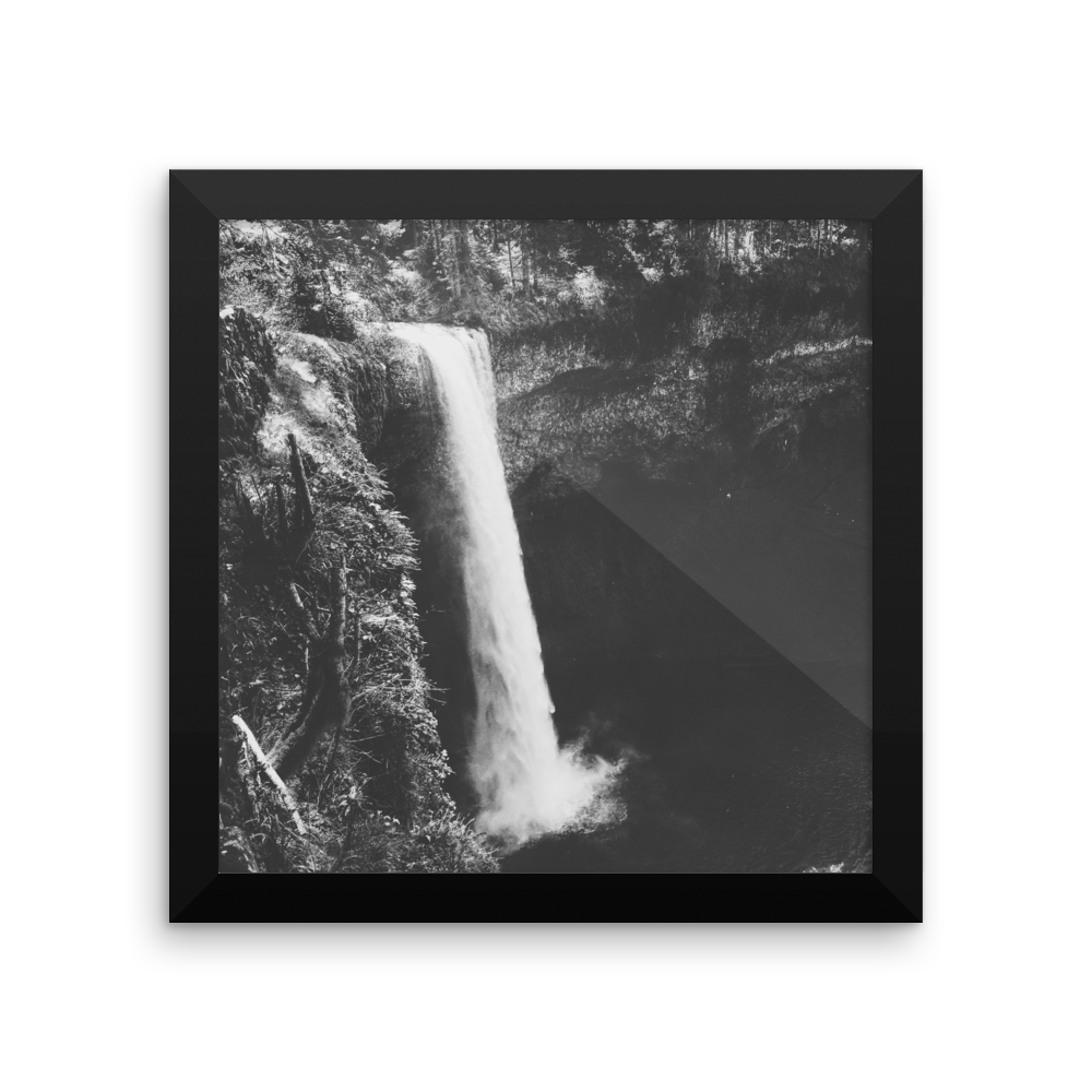 Framed B+W photo print of an Oregon waterfall
