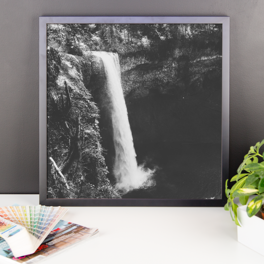 Framed B+W photo print of an Oregon waterfall