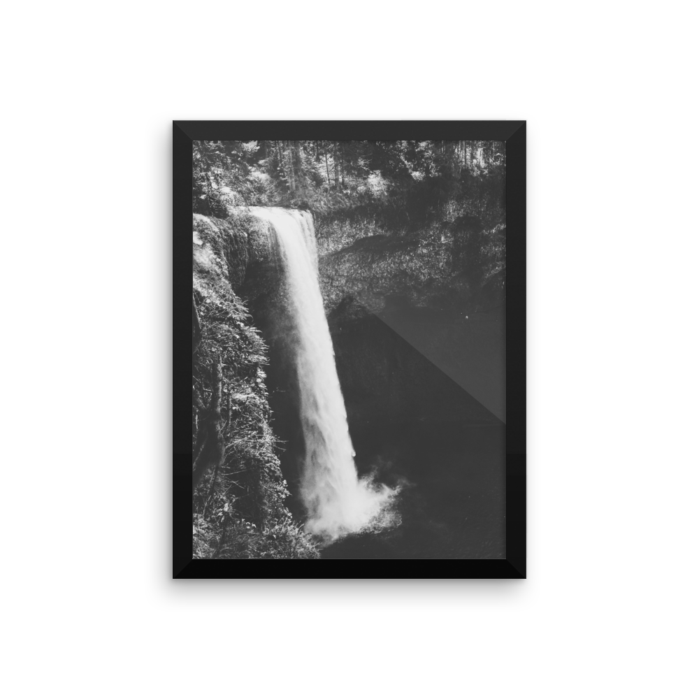 Framed B+W photo print of an Oregon waterfall