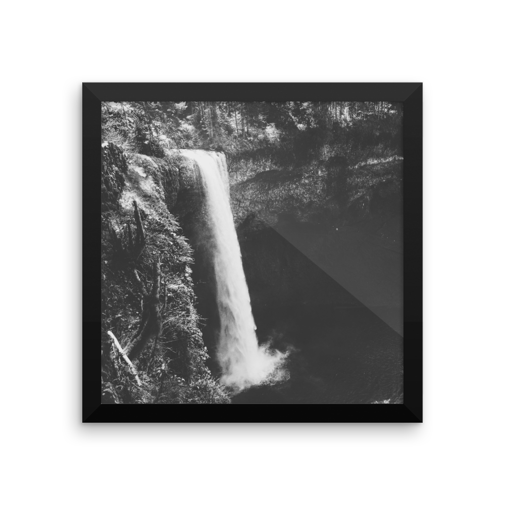 Framed B+W photo print of an Oregon waterfall