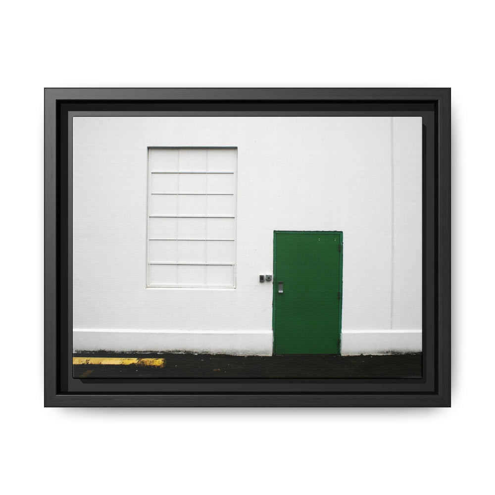 Minimalism + Green photograph of a green door on a white industrial wall, shown as a 4:3 black framed canvas