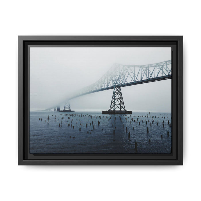 Foggy Morning Bridge photograph of a steel bridge fading into mist, shown as a 4:3 black framed canvas