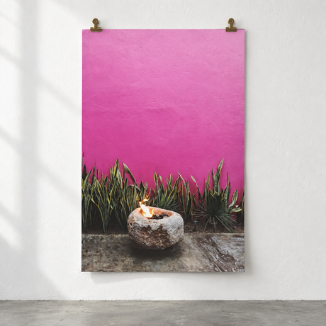 Hot Pink + Green unframed paper print hanging on a studio wall; clips shown for styling and not included.