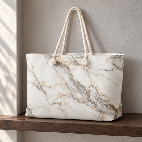 Calcutta Marble weekender tote with cream rope handles on a dark wood shelf; styled mockup.