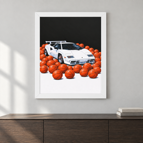 Lambo + Leather — Framed Art Print in a styled interior mockup; furnishings not included.
