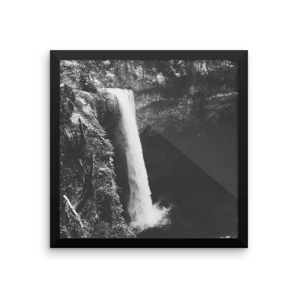 Framed B+W photo print of an Oregon waterfall