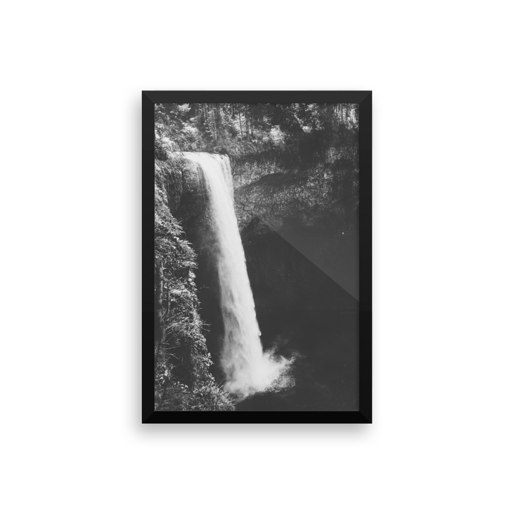 Framed B+W photo print of an Oregon waterfall